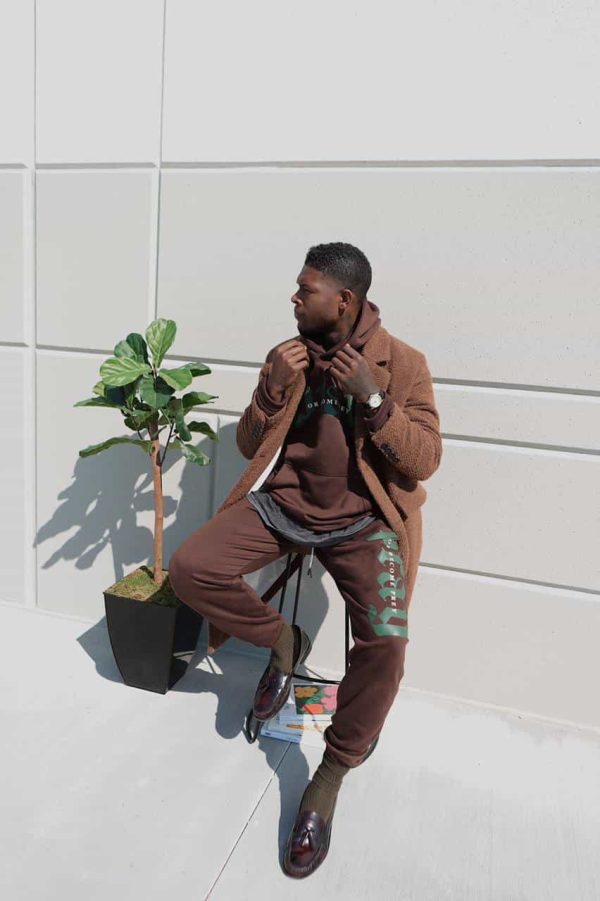 Oversize drop shoulder jogger suits custom dark brown screen printing logo apparel manufacturer addiction enterprises