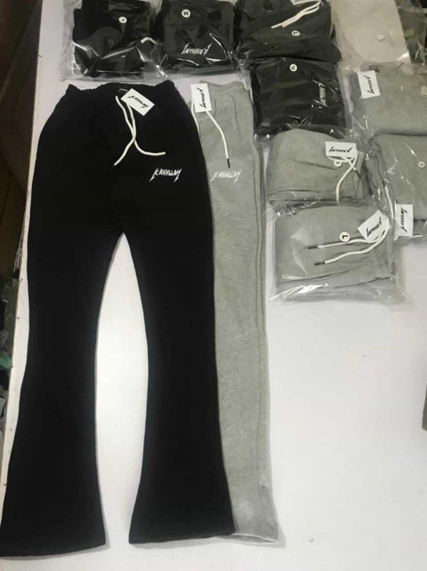 Unisex stacked sweat pants custom logo grey black cotton fleece embroidery manufacturer packing addiction enterprises