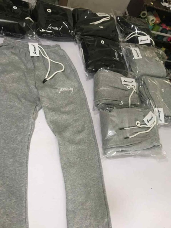 Unisex stacked sweat pants custom logo grey cotton fleece embroidery manufacturer packing addiction enterprises