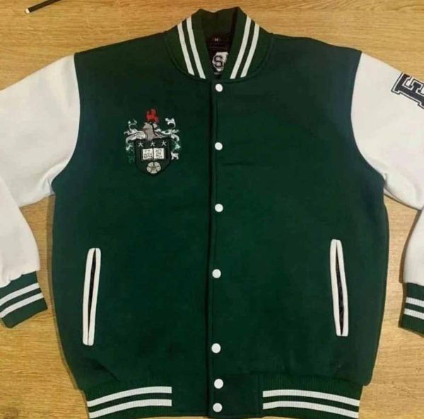 college man letterman satin varsity jacket wool leather green sleeve custom embroidery logo manufacturer addiction enterprises
